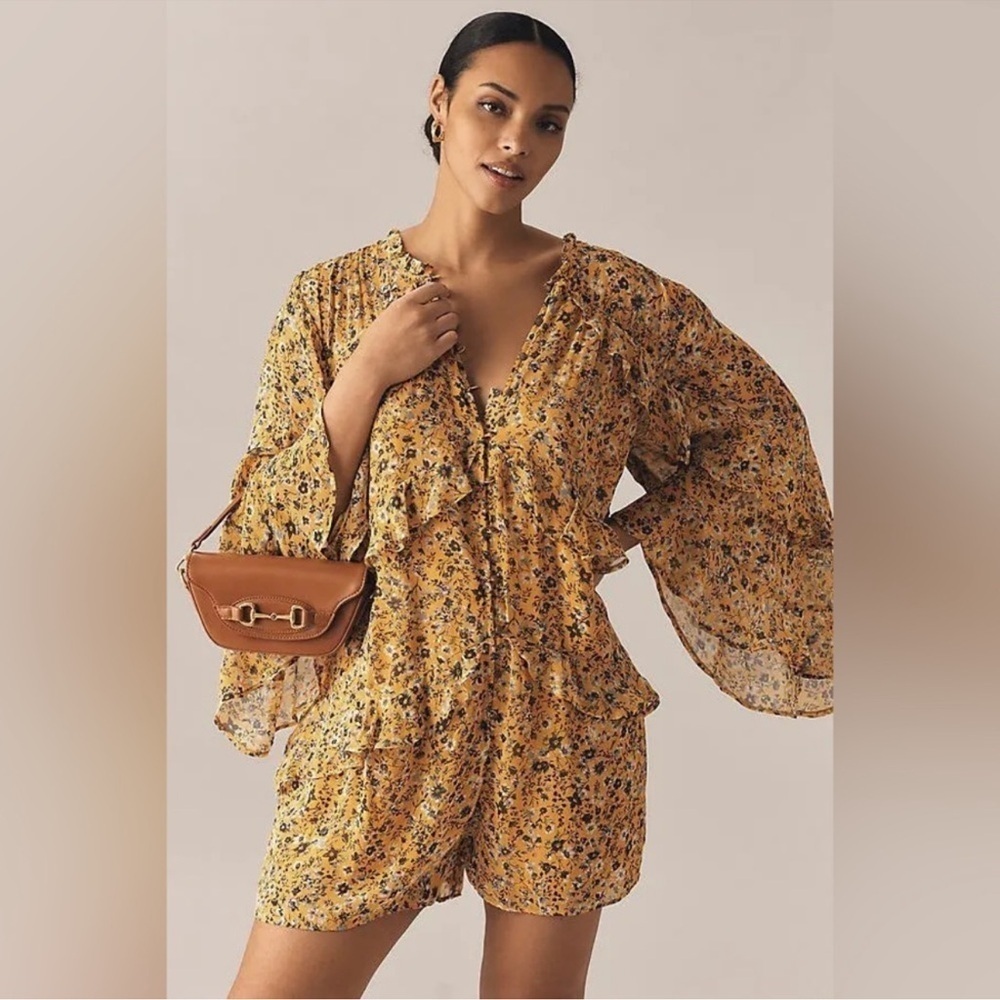 NWT By Anthropologie Ruffle Swing Romper Playsuit Yellow Blue Floral 🏰